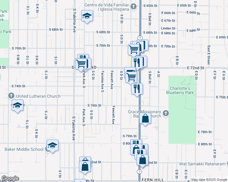 map of restaurants, bars, coffee shops, grocery stores, and more near 416 South 74th Street in Tacoma