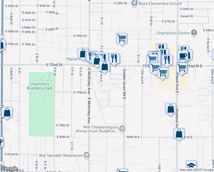 map of restaurants, bars, coffee shops, grocery stores, and more near 910 73rd Street Court East in Tacoma