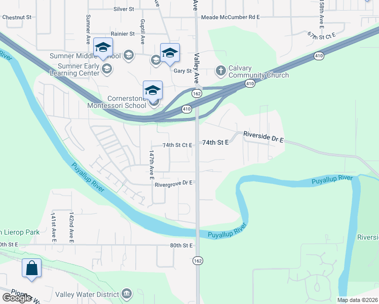 map of restaurants, bars, coffee shops, grocery stores, and more near 14824 74th Street Court East in Sumner