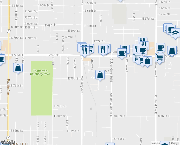 map of restaurants, bars, coffee shops, grocery stores, and more near 806 74th Street East in Tacoma