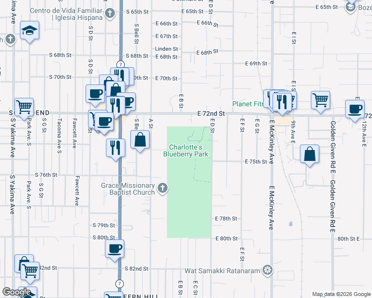 map of restaurants, bars, coffee shops, grocery stores, and more near 7402 East D Street in Tacoma