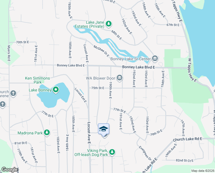 map of restaurants, bars, coffee shops, grocery stores, and more near 7225 190th Avenue East in Bonney Lake