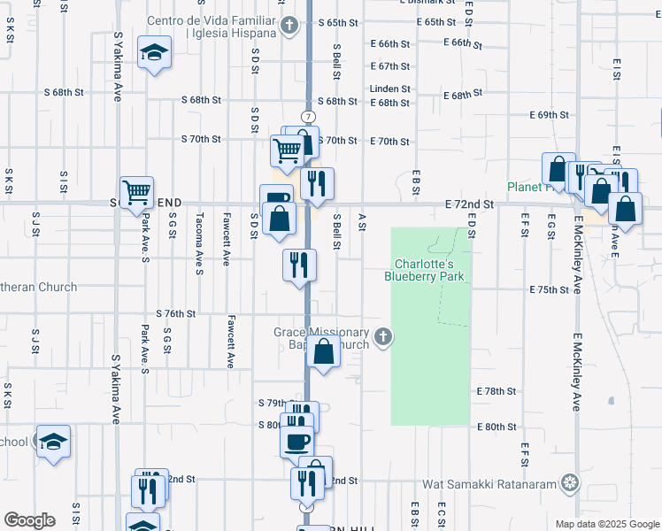 map of restaurants, bars, coffee shops, grocery stores, and more near 7402 South Bell Street in Tacoma