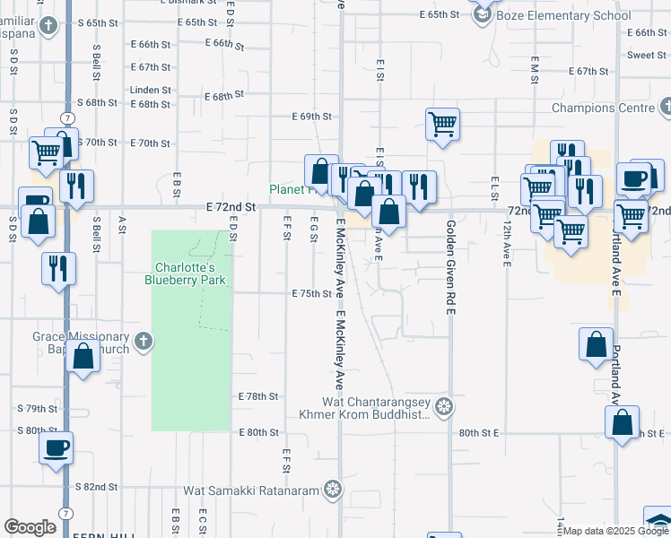 map of restaurants, bars, coffee shops, grocery stores, and more near 7406 East McKinley Avenue in Tacoma