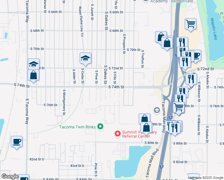 map of restaurants, bars, coffee shops, grocery stores, and more near 2616 South 74th Street in Tacoma
