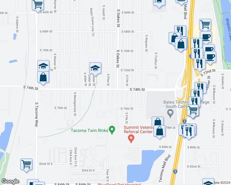 map of restaurants, bars, coffee shops, grocery stores, and more near 2702 South 74th Street in Tacoma