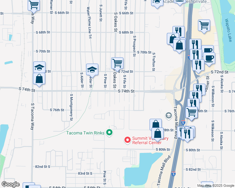 map of restaurants, bars, coffee shops, grocery stores, and more near 2616 South 74th Street in Tacoma