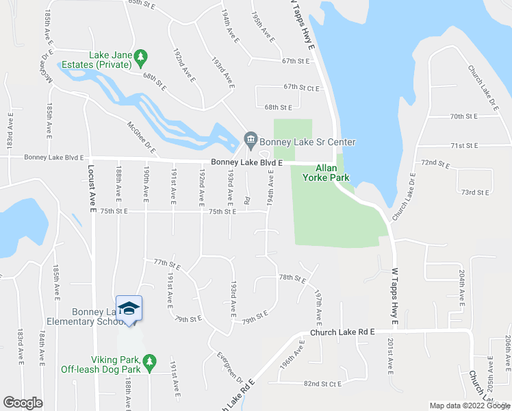 map of restaurants, bars, coffee shops, grocery stores, and more near 19314 75th Street East in Bonney Lake