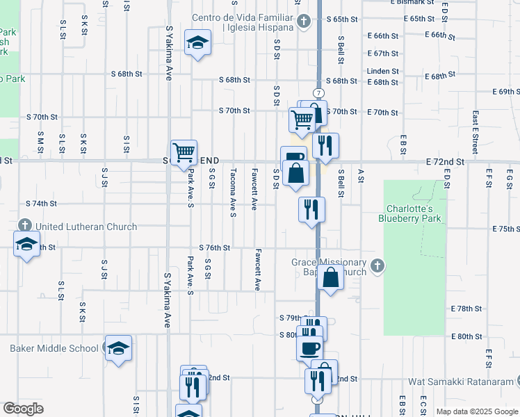 map of restaurants, bars, coffee shops, grocery stores, and more near 416 South 74th Street in Tacoma