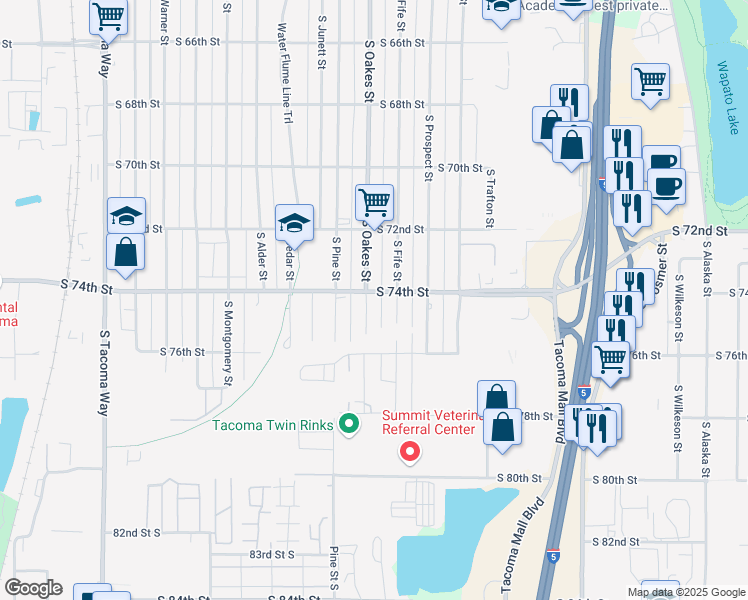 map of restaurants, bars, coffee shops, grocery stores, and more near 2616 South 74th Street in Tacoma