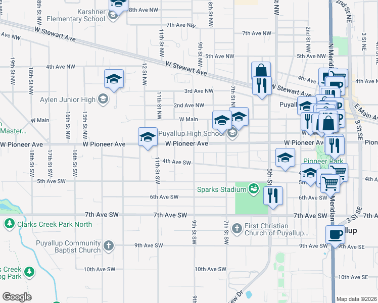 map of restaurants, bars, coffee shops, grocery stores, and more near 314 9th Street Northwest in Puyallup