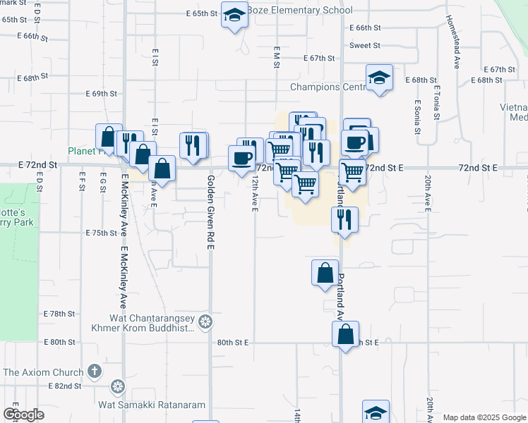 map of restaurants, bars, coffee shops, grocery stores, and more near 7401 12th Avenue East in Tacoma