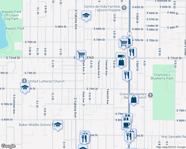 map of restaurants, bars, coffee shops, grocery stores, and more near 7401 South G Street in Tacoma