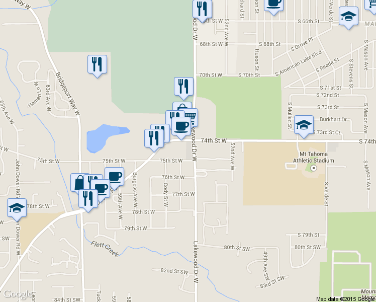 map of restaurants, bars, coffee shops, grocery stores, and more near 7410 Lakewood Drive West in Lakewood