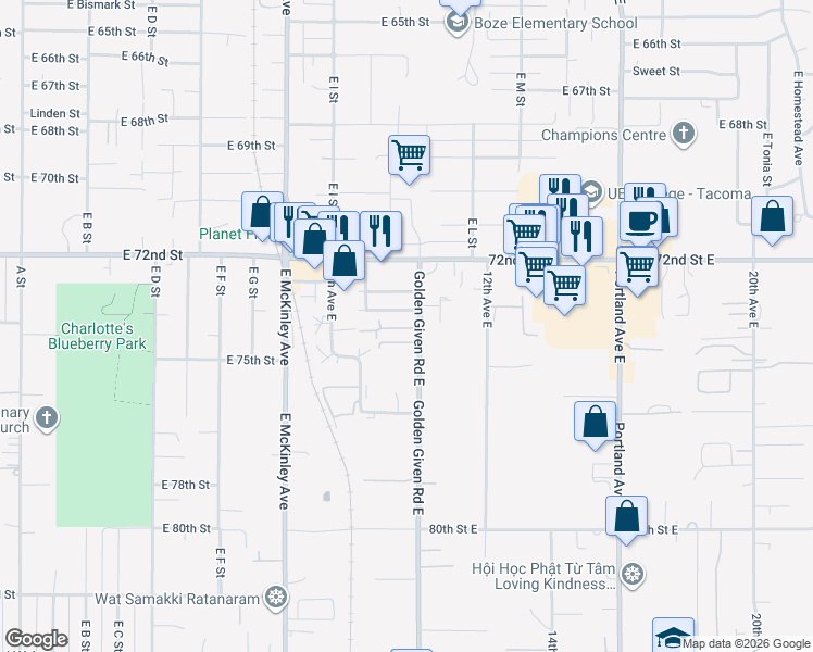 map of restaurants, bars, coffee shops, grocery stores, and more near 1023 74th Street East in Tacoma