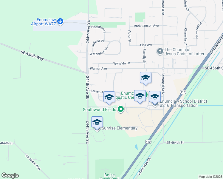 map of restaurants, bars, coffee shops, grocery stores, and more near 3341 Larsen Avenue in Enumclaw