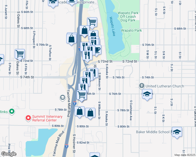 map of restaurants, bars, coffee shops, grocery stores, and more near in Tacoma