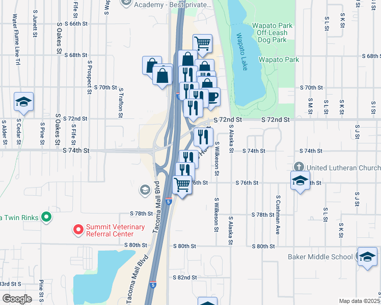 map of restaurants, bars, coffee shops, grocery stores, and more near 7414 South Hosmer Street in Tacoma