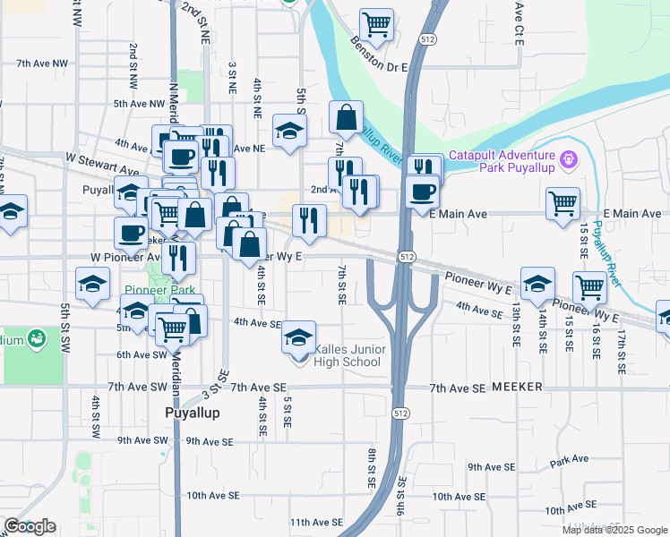 map of restaurants, bars, coffee shops, grocery stores, and more near 310 7th Street Northeast in Puyallup