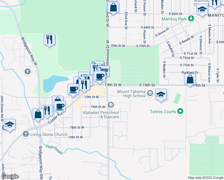 map of restaurants, bars, coffee shops, grocery stores, and more near 7403 Lakewood Drive West in Lakewood