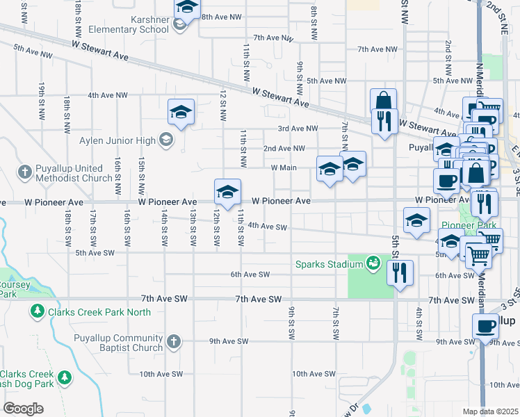 map of restaurants, bars, coffee shops, grocery stores, and more near 926 West Pioneer Avenue in Puyallup