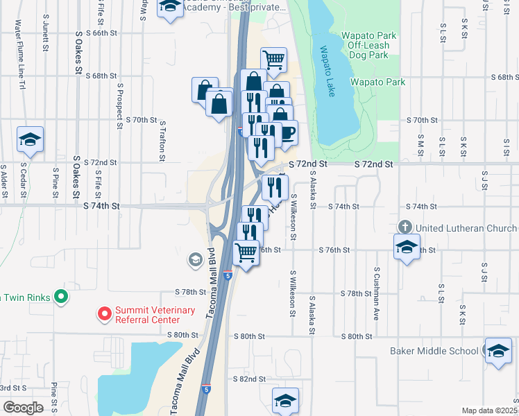 map of restaurants, bars, coffee shops, grocery stores, and more near 7414 South Hosmer Street in Tacoma