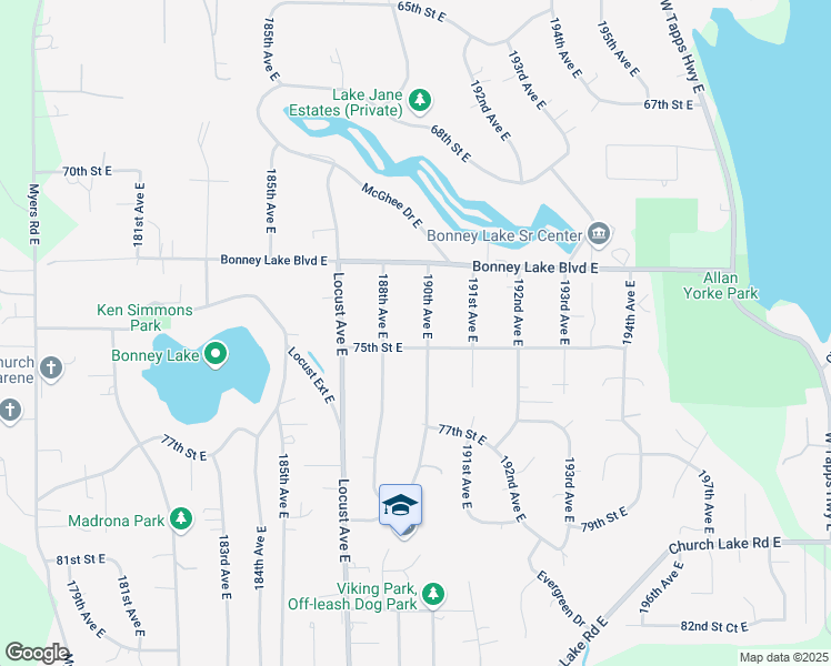 map of restaurants, bars, coffee shops, grocery stores, and more near 7225 190th Avenue East in Bonney Lake