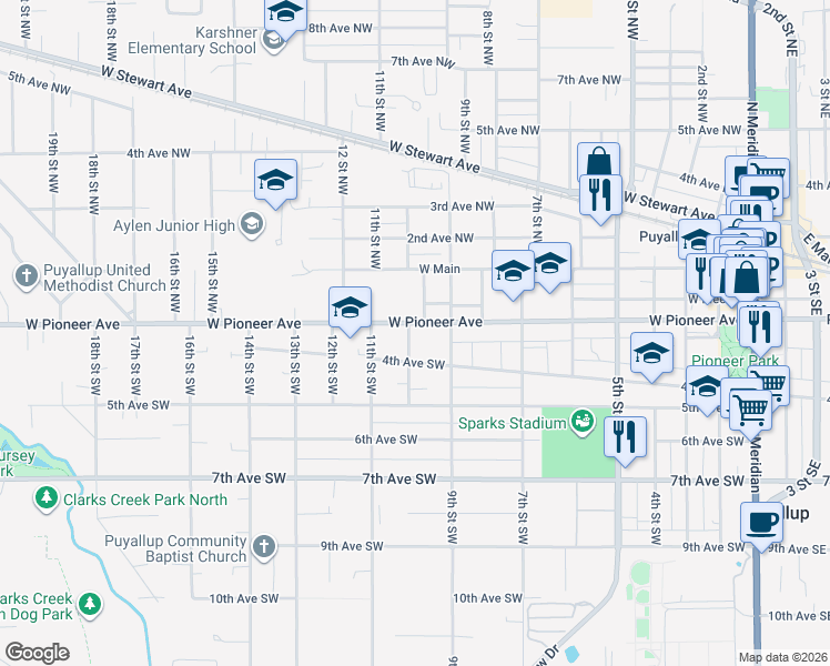 map of restaurants, bars, coffee shops, grocery stores, and more near 926 West Pioneer Avenue in Puyallup