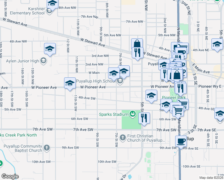 map of restaurants, bars, coffee shops, grocery stores, and more near 722 West Pioneer Avenue in Puyallup