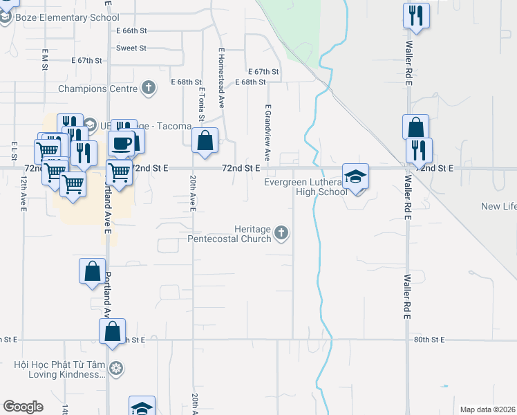 map of restaurants, bars, coffee shops, grocery stores, and more near 2304 72nd Street East in Tacoma