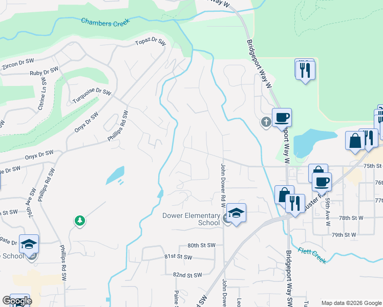 map of restaurants, bars, coffee shops, grocery stores, and more near 6610 75th Street West in Lakewood