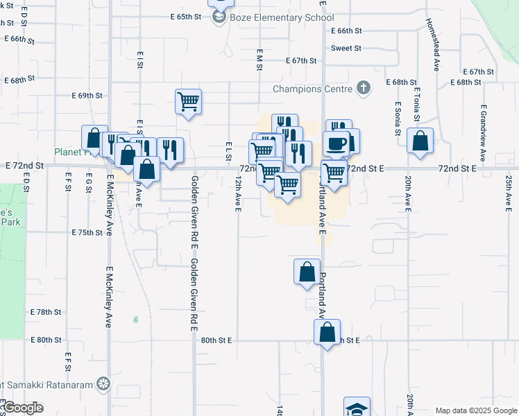 map of restaurants, bars, coffee shops, grocery stores, and more near 7401 12th Avenue East in Tacoma