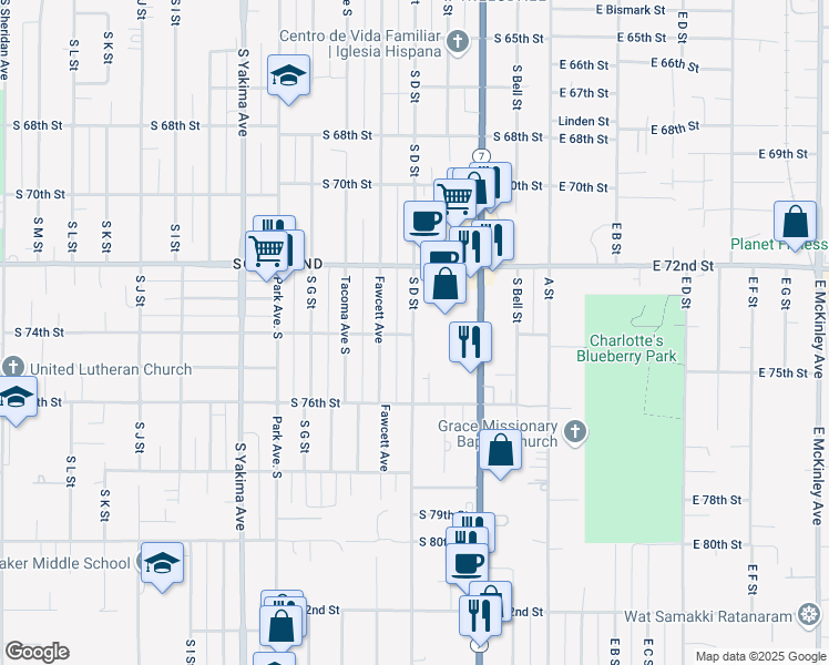 map of restaurants, bars, coffee shops, grocery stores, and more near 7425 South D Street in Tacoma