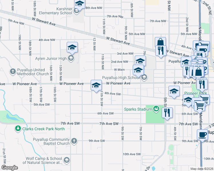 map of restaurants, bars, coffee shops, grocery stores, and more near 926 West Pioneer Avenue in Puyallup