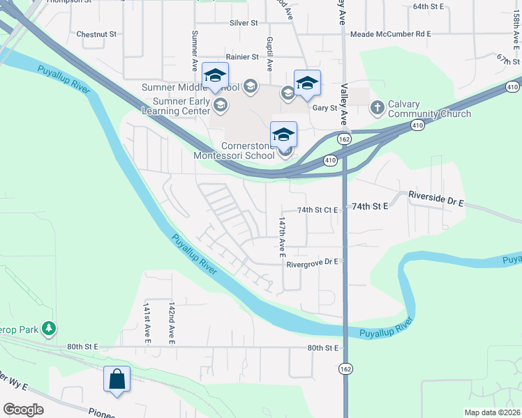 map of restaurants, bars, coffee shops, grocery stores, and more near 14624 72nd Street East in Sumner