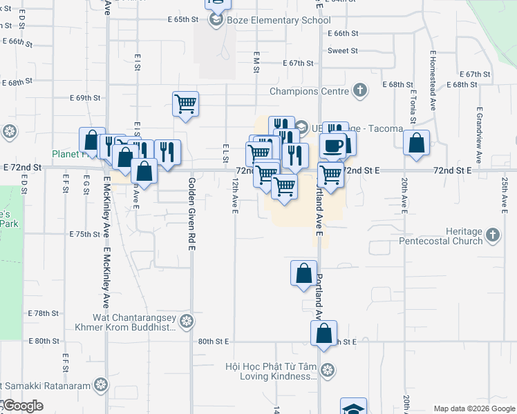 map of restaurants, bars, coffee shops, grocery stores, and more near 1204 73rd Street East in Tacoma