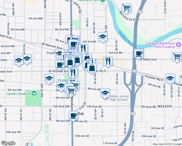 map of restaurants, bars, coffee shops, grocery stores, and more near 312 East Pioneer in Puyallup