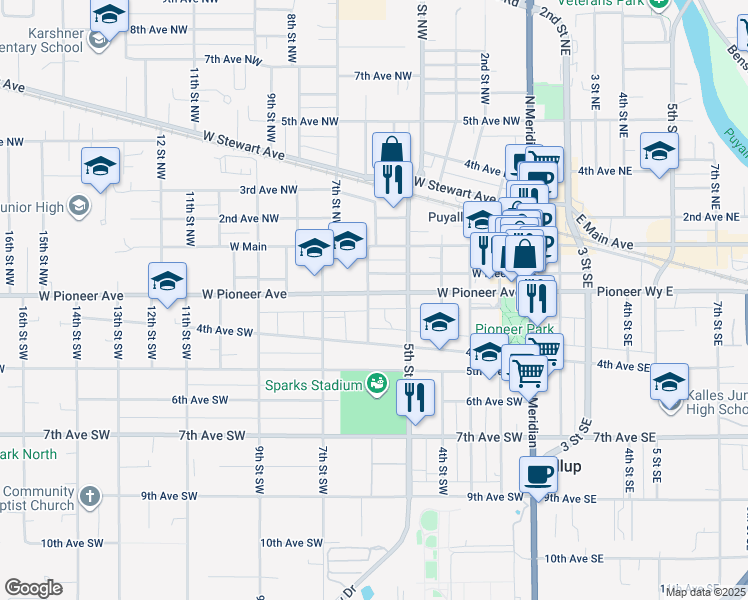 map of restaurants, bars, coffee shops, grocery stores, and more near 302 6th Street Southwest in Puyallup
