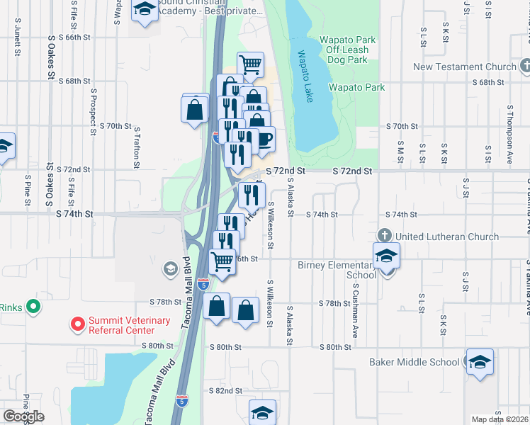 map of restaurants, bars, coffee shops, grocery stores, and more near in Tacoma