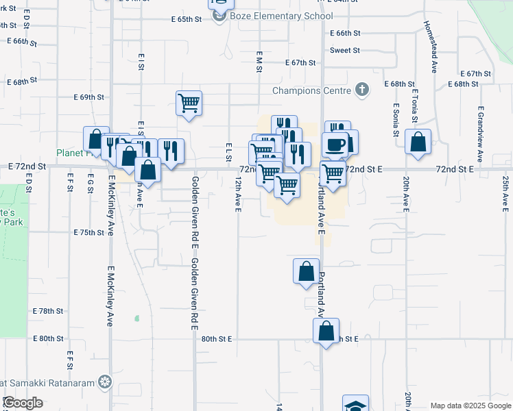 map of restaurants, bars, coffee shops, grocery stores, and more near 1204 73rd Street East in Tacoma
