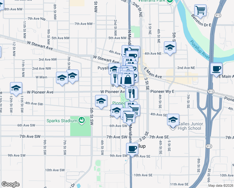 map of restaurants, bars, coffee shops, grocery stores, and more near 210 West Pioneer Avenue in Puyallup