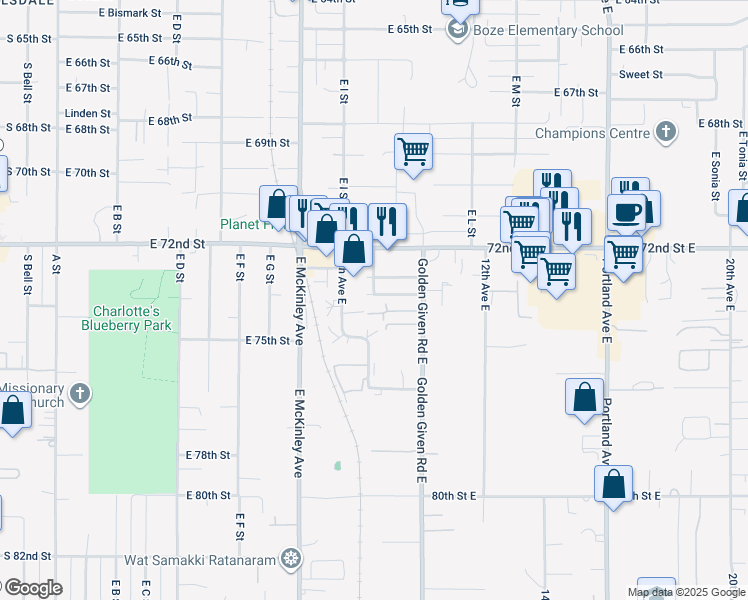 map of restaurants, bars, coffee shops, grocery stores, and more near 910 73rd Street Court East in Tacoma