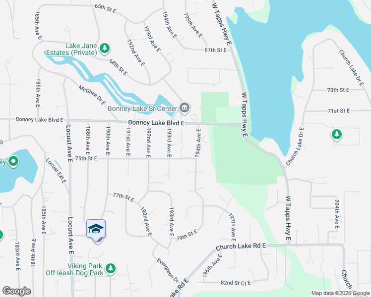 map of restaurants, bars, coffee shops, grocery stores, and more near 19306 75th Street East in Bonney Lake