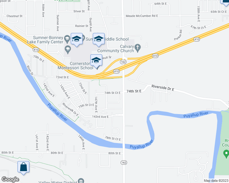 map of restaurants, bars, coffee shops, grocery stores, and more near 14821 74th Street Court East in Sumner