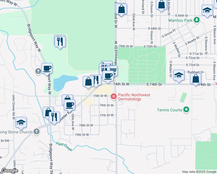 map of restaurants, bars, coffee shops, grocery stores, and more near 5422 74th Street West in Lakewood