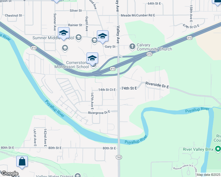 map of restaurants, bars, coffee shops, grocery stores, and more near 14823 74th Street Court East in Sumner