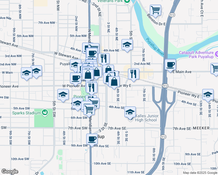 map of restaurants, bars, coffee shops, grocery stores, and more near 312 East Pioneer Avenue in Puyallup