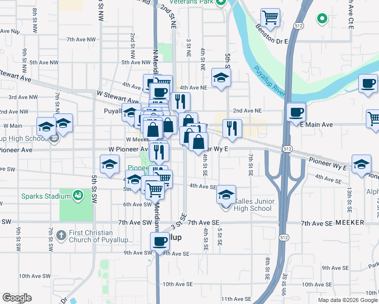 map of restaurants, bars, coffee shops, grocery stores, and more near 312 East Pioneer in Puyallup