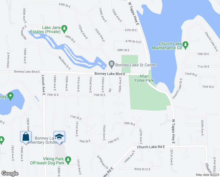 map of restaurants, bars, coffee shops, grocery stores, and more near 19314 75th Street East in Bonney Lake