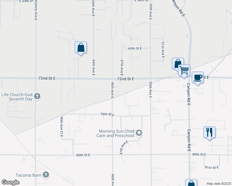 map of restaurants, bars, coffee shops, grocery stores, and more near 4614 73rd Street Court East in Tacoma